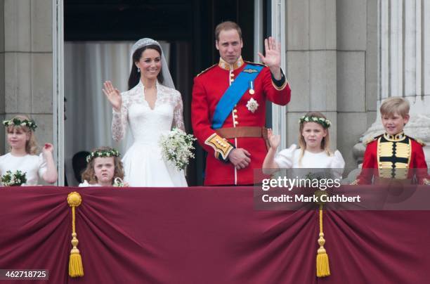 Catherine, Duchess of Cambridge and Prince William, Duke of Cambridge on the balcony at Buckingham Palace with Bridesmaids Margarita Armstrong-Jones...