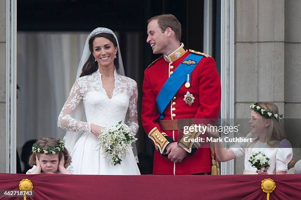 Catherine, Duchess of Cambridge and Prince William, Duke of Cambridge on the balcony at Buckingham Palace with Bridesmaids Margarita Armstrong-Jones...