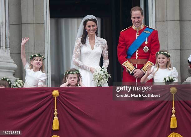 Catherine, Duchess of Cambridge and Prince William, Duke of Cambridge on the balcony at Buckingham Palace with Bridesmaids Margarita Armstrong-Jones...