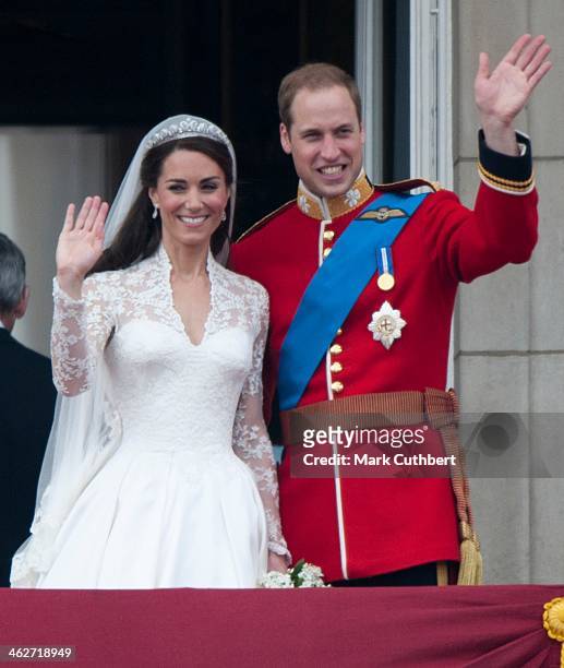 Catherine, Duchess of Cambridge and Prince William, Duke of Cambridge on the balcony at Buckingham Palace, following their wedding at Westminster...