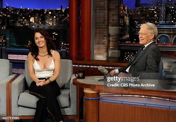 Actress Robin Tunney talks about the final season of the CBS drama series The Mentalist on the Late Show with David Letterman, Tuesday Feb. 3, 2015...