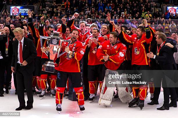 Chris Abbott of Lulea Hockey with the CHL trophy during the Champions Hockey League Final match between Lulea Hockey and Frolunda Gothenburg at Coop...