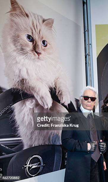 Karl Lagerfeld attends the 'Corsa Karl Und Choupette' Vernissage on February 03, 2015 in Berlin, Germany.