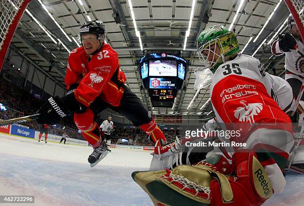 Lennart Petrell of Lulea slides into the net during the Champions Hockey League final match at Coop Norrbotten Arena on February 3, 2015 in Lulea,...