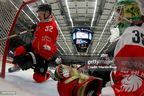 Lennart Petrell of Lulea slides into the net during the Champions Hockey League final match at Coop Norrbotten Arena on February 3, 2015 in Lulea,...