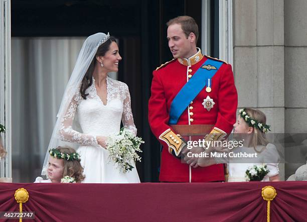 Catherine, Duchess of Cambridge and Prince William, Duke of Cambridge on the balcony at Buckingham Palace with Bridesmaids Margarita Armstrong-Jones...