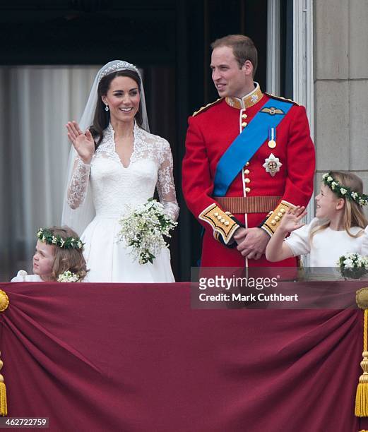 Catherine, Duchess of Cambridge and Prince William, Duke of Cambridge on the balcony at Buckingham Palace with Bridesmaids Margarita Armstrong-Jones...