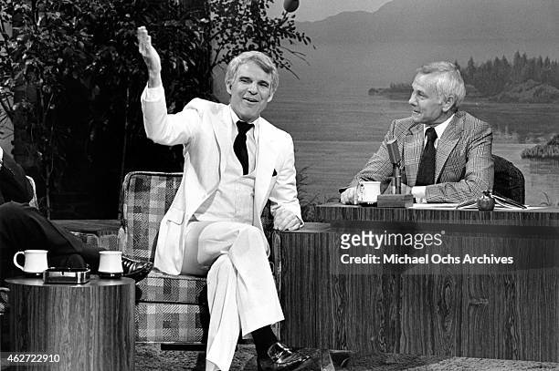 Comedian Steve Martin appears on the "Tonight Show" with host Johnny Carson on March 10, 1979 in Los Angeles, California.