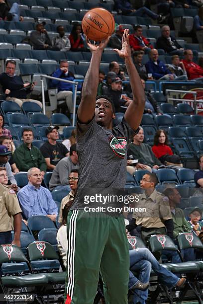 Larry Sanders of the Milwaukee Bucks warms up before a game against the Toronto Raptors on January, 19 2015 at the BMO Harris Bradley Center in...