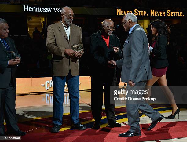 John Carlos, left, Harrison Dillard and Herb Douglas attends the Hennessy V.S and Cleveland Cavaliers event honoring Olympian Medalist Herb Douglas...