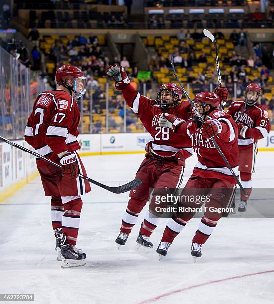 Sean Malone of the Harvard Crimson celebrates his goal with teammates Victor Newell and Kyle Criscuolo during NCAA hockey against the Boston...