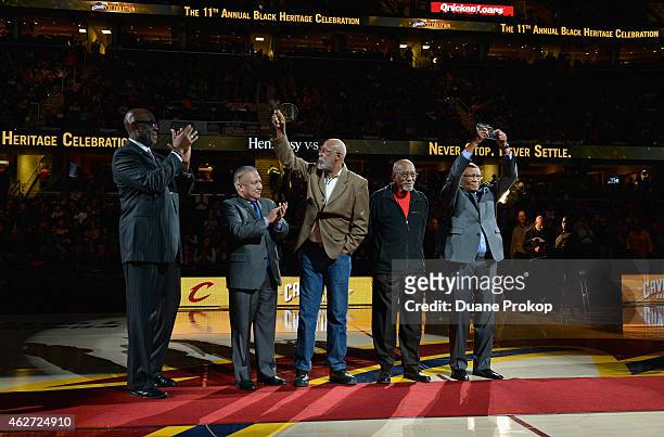 Campy Russell, left, Manny Gonzalez, John Carlos, Harrison Dillard, and Herb Douglas attends the Hennessy V.S and Cleveland Cavaliers event honoring...