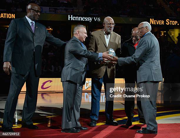 Campy Russell, left, Manny Gonzalez, John Carlos, Harrison Dillard, and Herb Douglas attends the Hennessy V.S and Cleveland Cavaliers event honoring...