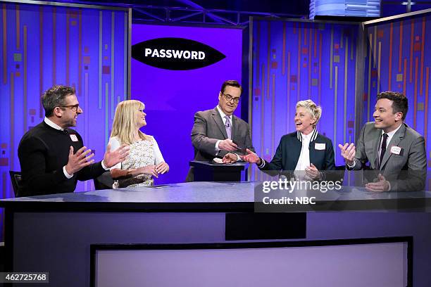 Episode 0203 -- Pictured: Actor Steve Carell, actress Reese Witherspoon, announcer Steve Higgins, television personality Ellen DeGeneres and host...