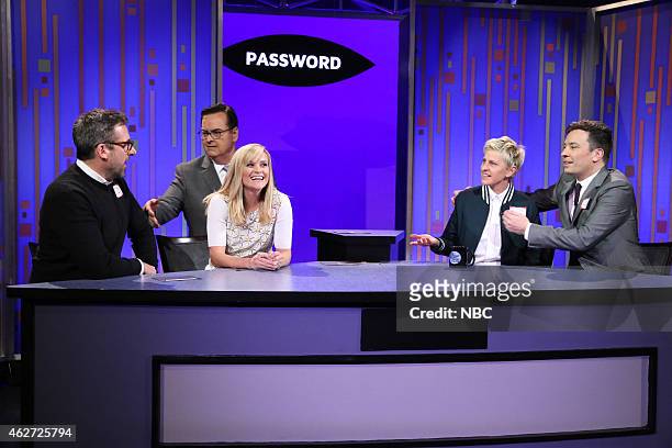 Episode 0203 -- Pictured: Actor Steve Carell, actress Reese Witherspoon, announcer Steve Higgins, television personality Ellen DeGeneres and host...