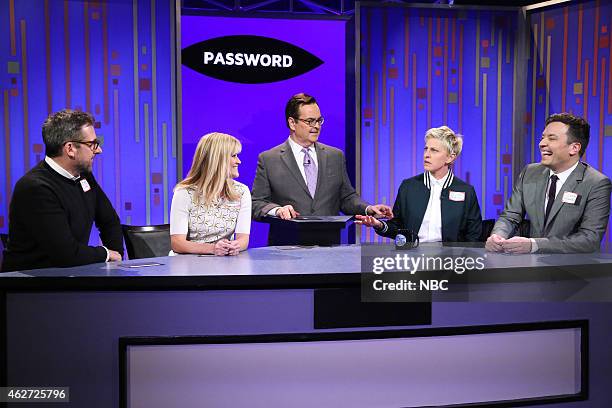 Episode 0203 -- Pictured: Actor Steve Carell, actress Reese Witherspoon, announcer Steve Higgins, television personality Ellen DeGeneres and host...