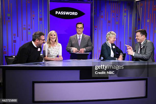 Episode 0203 -- Pictured: Actor Steve Carell, actress Reese Witherspoon, announcer Steve Higgins, television personality Ellen DeGeneres and host...