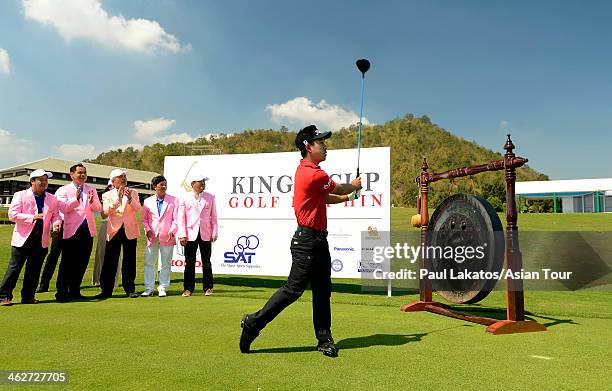 Defending champion, Arnond Vongvanij of Thailand tees off during the 2014 King Cup Golf Hua Hin Previews at Black Mountain Golf Club on January 14,...