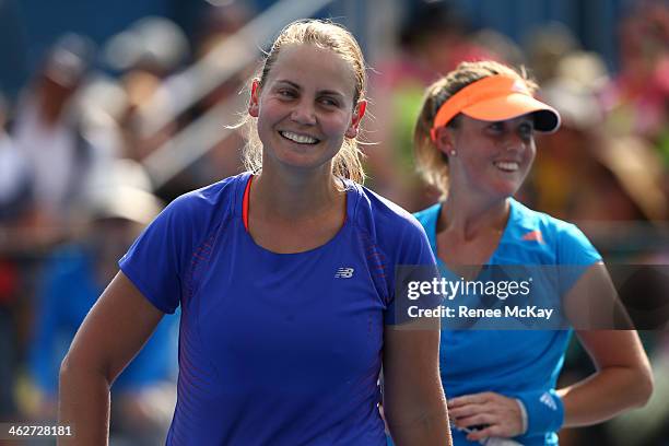 Jelena Dokic of Australia reacts in her first round women's doubles match with Storm Sanders of Australia against Magdalena Rybarikova of Slovakia...