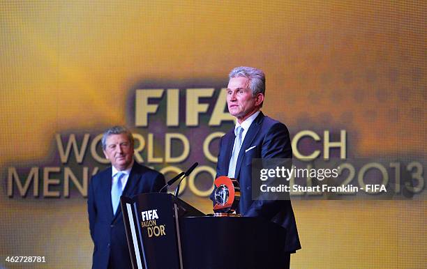 World Coach of the Year for Men's Football winner and former manager of Bayern Munich Jupp Heynckes accepts his award during the FIFA Ballon d'Or...