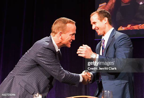 Peyton Manning and Drew Brees attend the SuperBowl Breakfast where Peyton received the Bart Starr award at JW Marriott Desert Ridge Resort & Spa on...