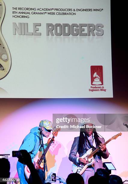 Musician Flea and honoree Nile Rodgers perform onstage during the Eighth Annual GRAMMY week event honoring three-time GRAMMY Winner Nile Rodgers,...