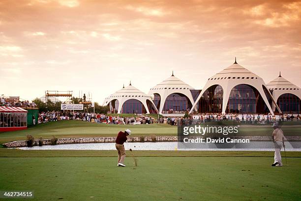 Severiano Balleseteros of Spain plays his third shot at the par 5, 18th hole during the third round of the 1990 Dubai Desert Classic on the Majilis...