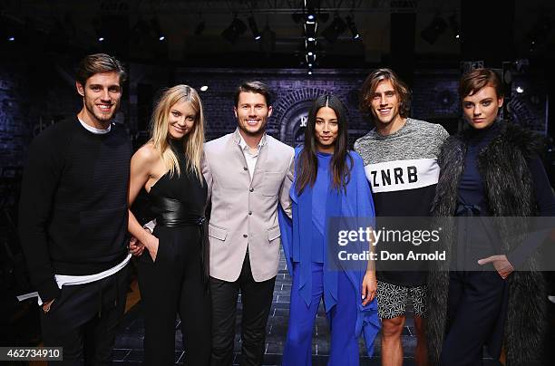 David Jones ambassadors Zac Stenmark, Elyse Taylor, Jason Dundas, Jessica Gomes, Jordan Stenmark and Montana Cox pose after a rehearsal ahead of the...