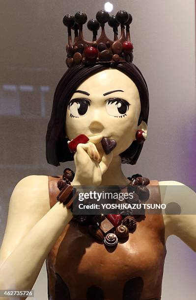 Life sized cartoon character "Rinko" of "Tokyo Tarareba-musume" is displayed at the Takashimaya department store's large chocolate event "Amour du...