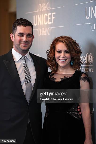 Ambassador Alyssa Milano and Dave Bugliari arrive at the 2014 UNICEF Ball presented by Baccarat at Regent Beverly Wilshire Hotel on January 14, 2014...