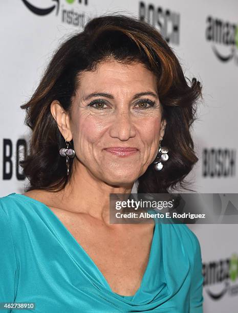 Actress Amy Aquino arrives for the red carpet premiere screening for Amazon's first original drama series 'Bosch' at The Dome at Arclight Hollywood...