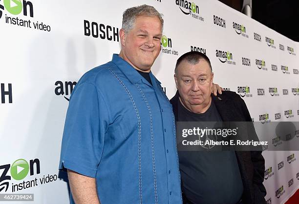 Actors Abraham Benrubi and Troy Evans arrive for the red carpet premiere screening for Amazon's first original drama series 'Bosch' at The Dome at...