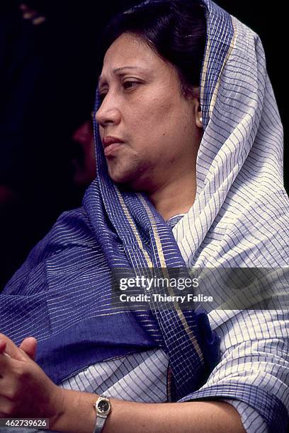 Bangladesh prime minister Khaleda Zia visits an area of her country devastated by a cyclone in 1991.