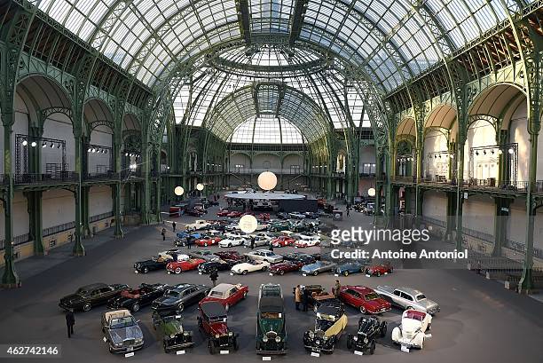 Vintage cars and motorbikes are displayed during an exhibition, by Bonhams auction house, at Le Grand Palais on February 4, 2015 in Paris, France.