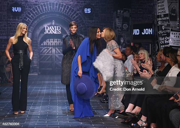 Elyse Taylor and Montana Cox look on as Jessica Gomes congratulates Carla Zampatti at the David Jones Autumn/Winter 2015 Collection Launch at David...