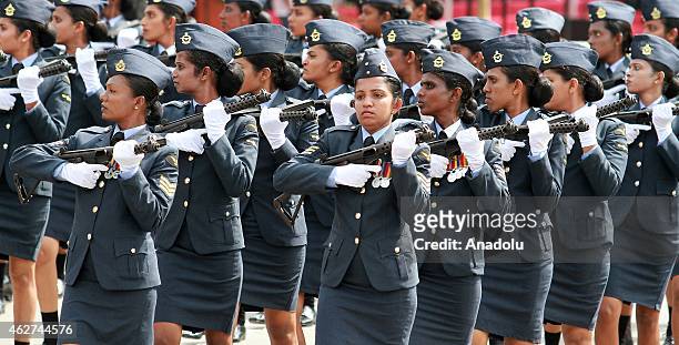 Sri Lanka's women air force soldiers march during the country's 67th Independence day celebrations in Colombo on February 4, 2015. Sri Lanka obtained...