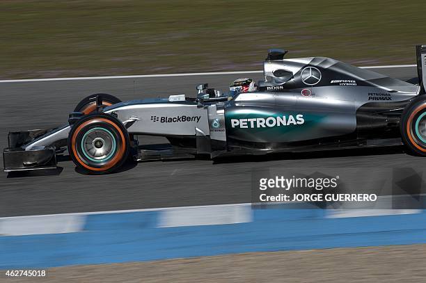 Mercedes AMG Petronas F1 Team's British driver Lewis Hamilton drives during the fourth day of the Formula One pre-season tests at Jerez racetrack in...