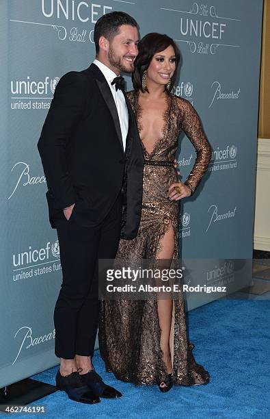 Personalities Val Chmerkovskiy and Cheryl Burke arrive to the 2014 UNICEF Ball Presented by Baccarat at the Regent Beverly Wilshire Hotel on January...