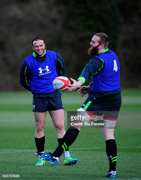 Wales player Jamie Roberts shares a joke with Jake Ball during the Wales media day ahead of friday's 6 Nations match against England at the Vale...