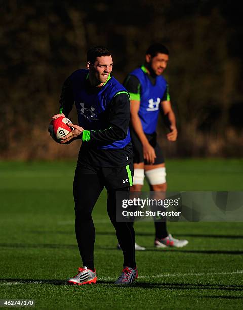 Wales player George North in action during the Wales open training session ahead of friday's 6 Nations match against England at the Vale Hotel on...