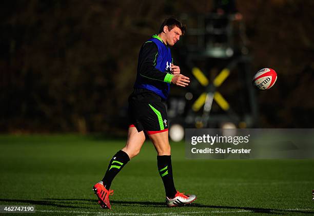 Wales player Dan Biggar in action during the Wales open training session ahead of friday's 6 Nations match against England at the Vale Hotel on...