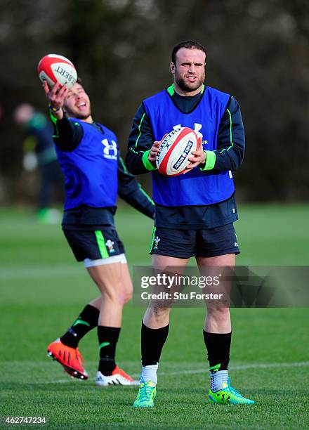 Wales player Jamie Roberts in action during the Wales open training session ahead of friday's 6 Nations match against England at the Vale Hotel on...