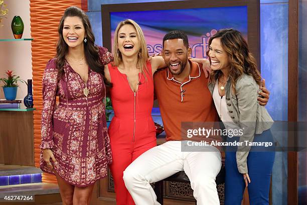 Ana Patricia Gamez, Ximena Cordoba, Will Smith and Karla Martinez are seen on the set of Despierta America to promote his film "Focus" at Univision...