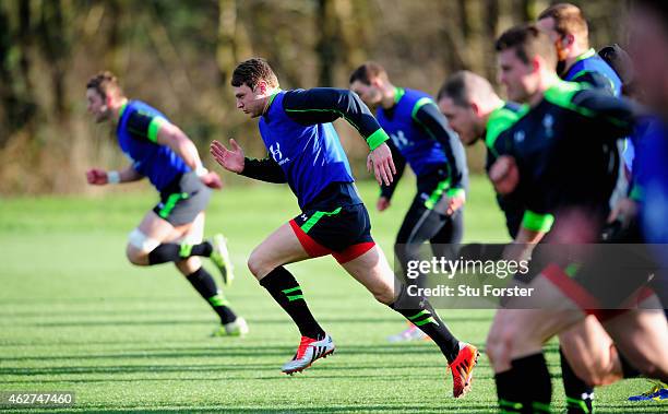 Wales player Dan Biggar in action during the Wales open training session ahead of friday's 6 Nations match against England at the Vale Hotel on...