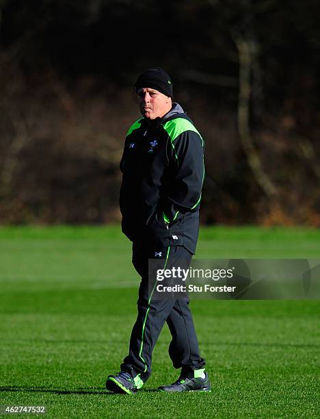 Wales coach Warren Gatland looks on during the Wales open training session ahead of friday's 6 Nations match against England at the Vale Hotel on...