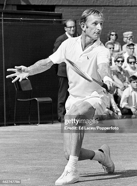 Rod Laver of Australia in action at Wimbledon, circa July 1969. Laver won the Men's Singles championship by beating John Newcombe of Australia in...