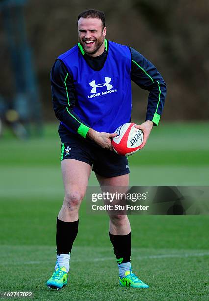 Wales player Jamie Roberts raises a smile during the Wales open training session ahead of friday's 6 Nations match against England at the Vale Hotel...