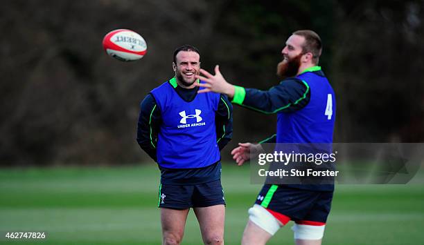 Wales player Jamie Roberts shares a joke with Jake Ball during the Wales open training session ahead of friday's Six Nations match against England at...