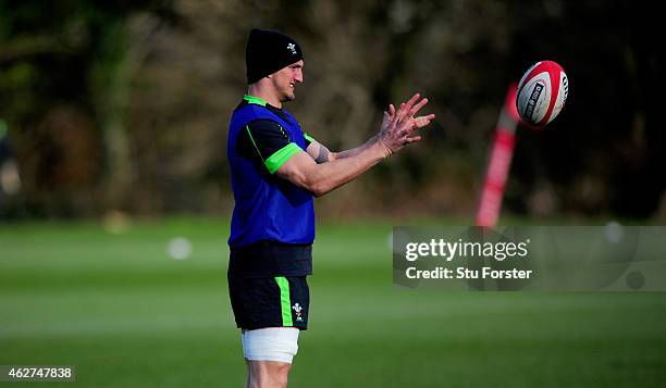 Wales captain Sam Warburton in action during the Wales open training session ahead of friday's 6 Nations match against England at the Vale Hotel on...