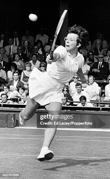 Billie Jean King of the United States in action at Wimbledon, circa July 1970.